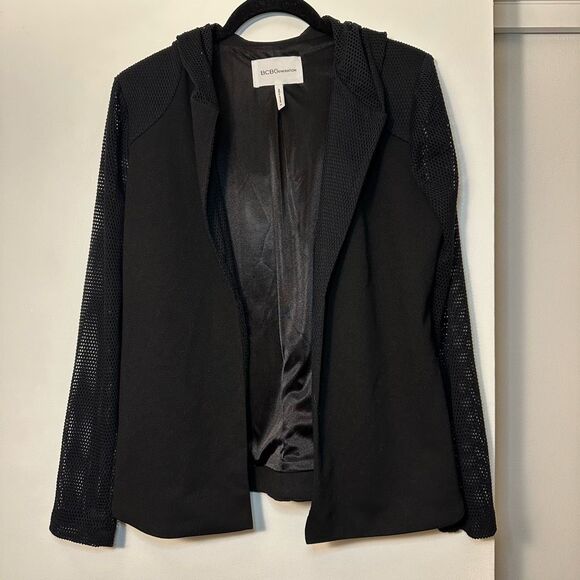 BCBGeneration Medium Open Front Women’s Hoodie Mesh Panel Solid Black EUC - Picture 1 of 12